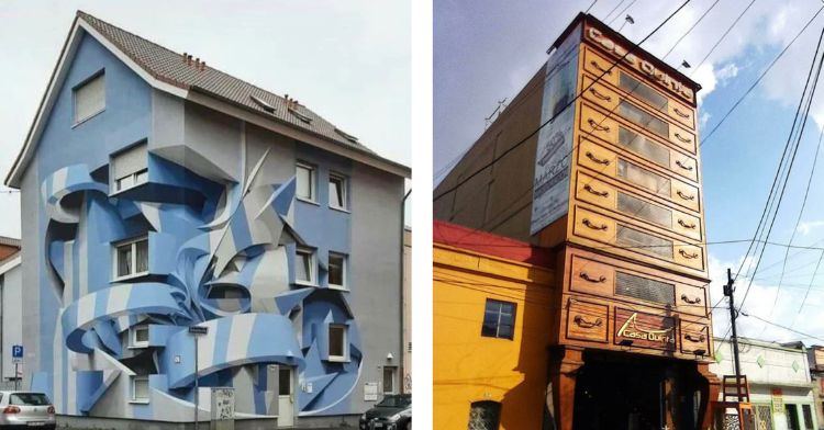 A two-photo collage. The first is of a building with designs made to look as thought parts of the building are 3D. The second is a large, multi-story building made to look just like a giant drawer.