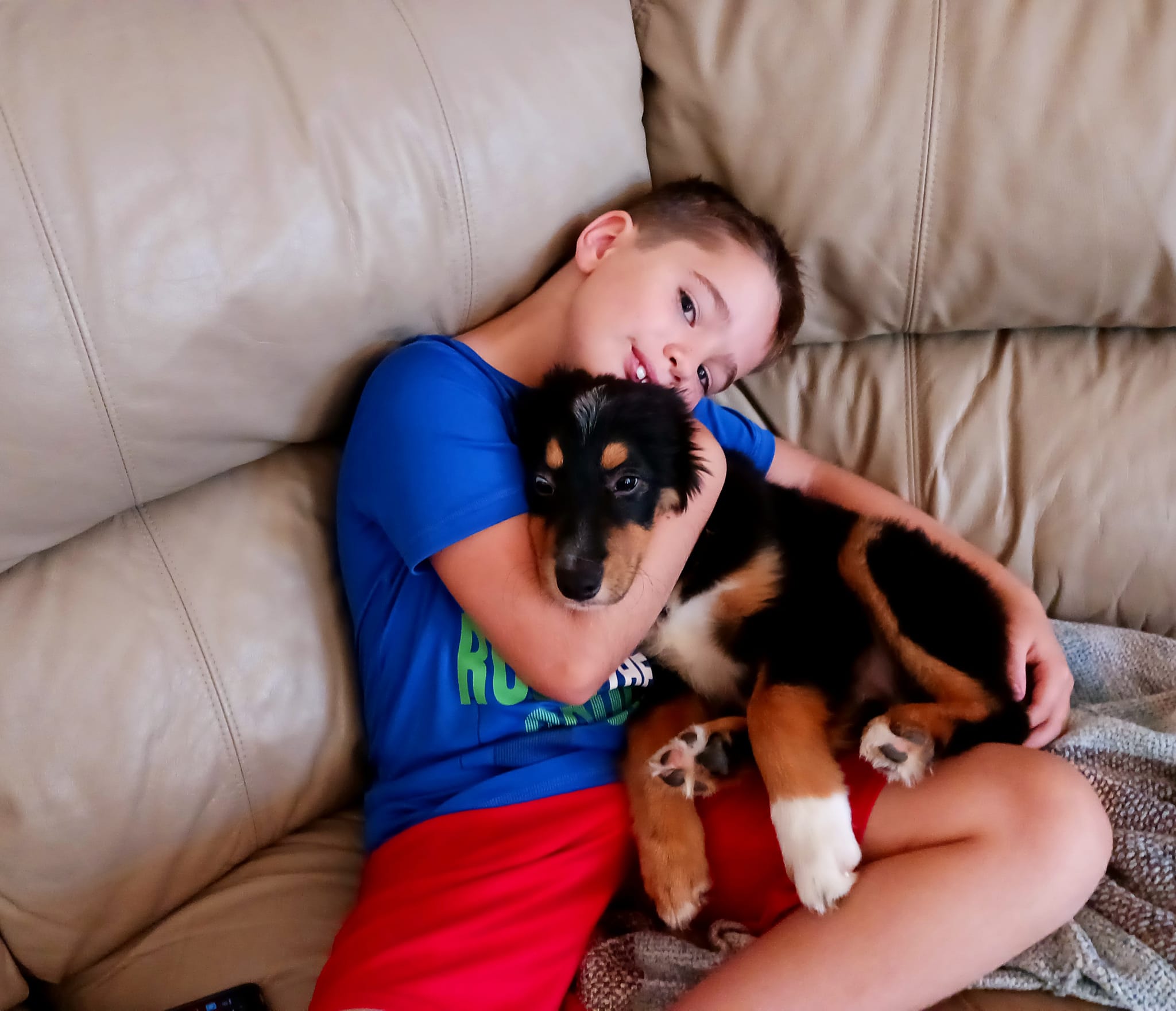 Gavin Keeney cuddles a black and tan puppy on the couch.