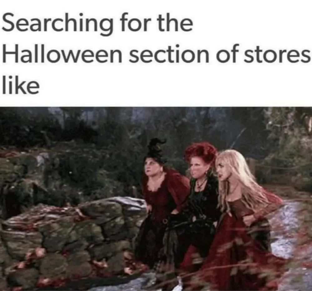 The Sanderson Sisters walking together. Caption says: searching for the Halloween section of stores like..."