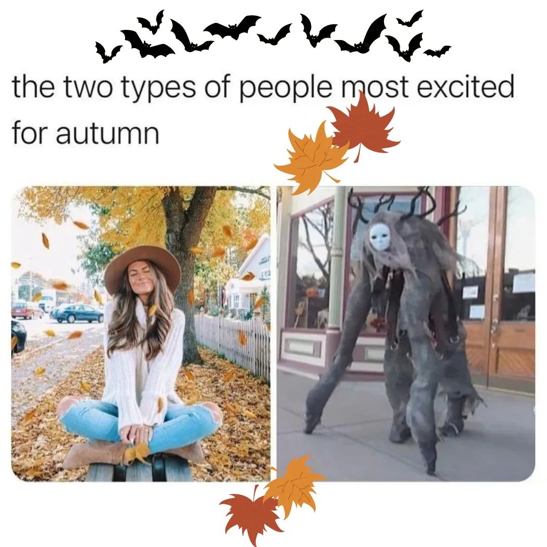 meme showing happy woman in fall outfit smiling on one side, a Halloween scary wraith on the other. Text says: the two types of people most excited for autumn."