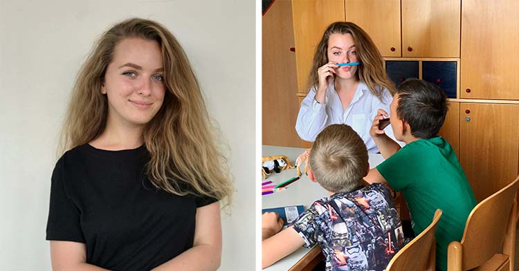 A two-photo collage. The first is of Katerina Kryvenko smiling. The second is of Katerina holding a straw or something similar on her upper lip with her students, seemingly imitating a mustache.