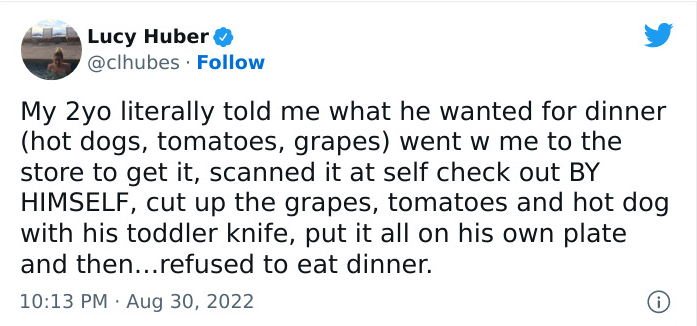 Tweet by Lucy Huber: My 2yo literally told me what he wanted for dinner (hot dogs, tomatoes, grapes) went w me to the store to get it, scanned it at self check out BY HIMSELF, cut up the grapes, tomatoes and hot dog with his toddler knife, put it all on his own plate and then…refused to eat dinner.