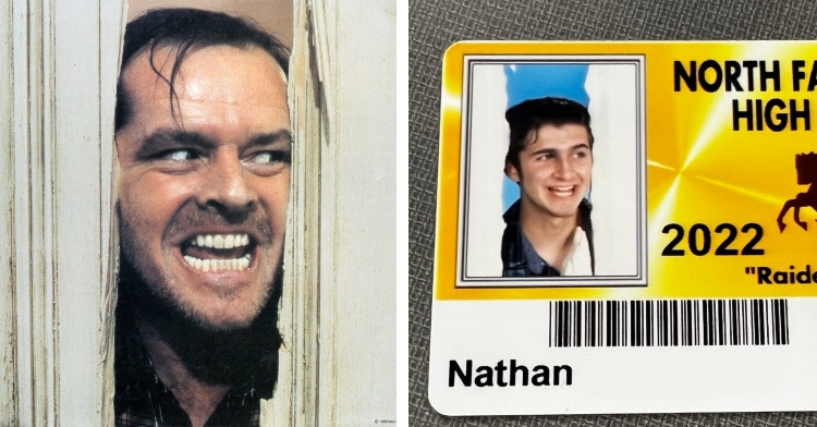 student posing on student ID as Jack Nicholson from "The Shining"
