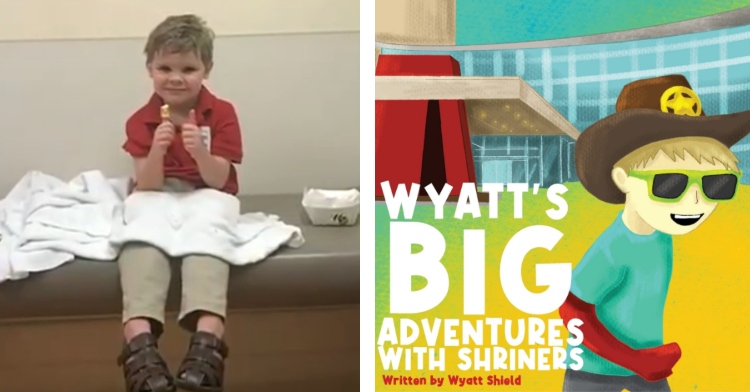 Wyatt Shield giving thumbs up after surgery and his book cover.