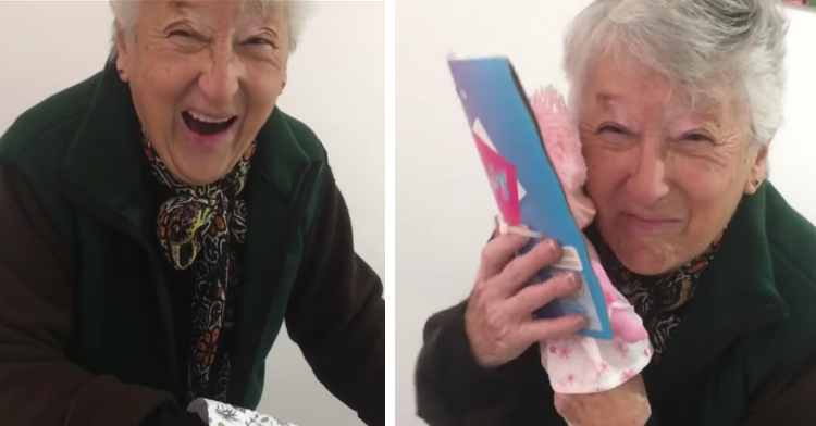 a two-photo collage. on the left there is a screenshot of eli quiroga's abuela looking surprised as she realized what her birthday gift was. on the right there is a screenshot of abuela holding her new doll close to her cheek.