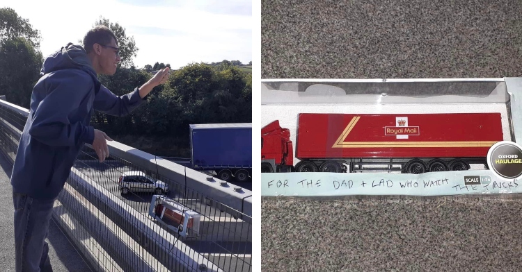 A two-photo collage. The first is of Alex leaning against the M6 bridge as he smiles and waves to the passing vehicles on the road below. The second is a toy truck in a box sat on a floor, showing off the front side. Someone wrote on the front, "For the dad & lad who watch the trucks."