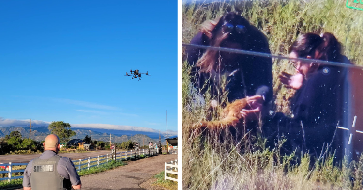 a two-photo collage. on the left there is a picture of a deputy looking for farah the golden retriever with a drone. on the right there is a picture of when they found farah and she is finally reunited with her owner.
