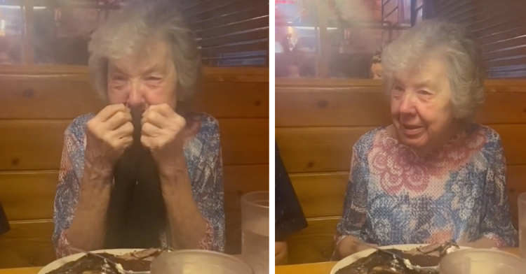 two-photo collage. on the left there is a picture of grandma rosie tearing up with a napkin on her face. on the right there is a picture of grandma rosie smiling while she is eating at texas roadhouse.