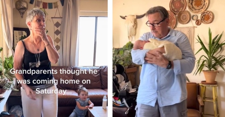 a two-photo collage. the first is of grandma covering her open mouth from shock as she stands in her living room. a baby girl named ezra is sitting on the floor near her. the image is captioned “grandparents thought he was coming home on saturday…” the second is of grandpa looking at the baby boy in his arms. he’s standing in the same room as grandma.