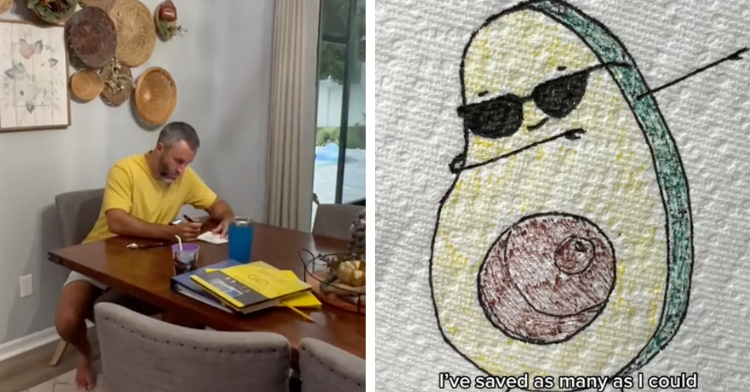 a two-photo collage. on the left there is a picture of a dad sitting and drawing something. on the right there is a picture of one of his drawings on a napkin, a funny avocado.