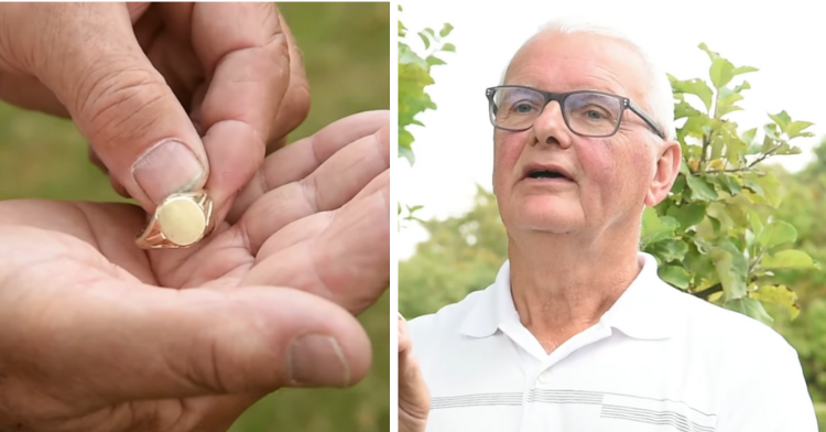 a two-photo collage. on the left there is a picture of a hand holding a ring. on the right there is a picture of Dave Radley holds up ring found after being lost for 54 years.