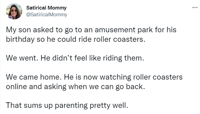 tweet says "My son asked to go to an amusement park for his birthday so he could ride roller coasters.

We went. He didn’t feel like riding them. 

We came home. He is now watching roller coasters online and asking when we can go back.

That sums up parenting pretty well."