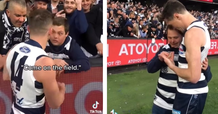 A two-photo collage. The first is of Joel Selwood talking to a fan, Sammy Moorfoot, who is in the crowd. Sammy’s eyes are wide open from surprise. The image is captioned with what Joel is saying to him, “Come on the field.” The second is of Joel and Sammy hugging as they admire the medal hanging around Sammy’s neck. They’re standing on the field.