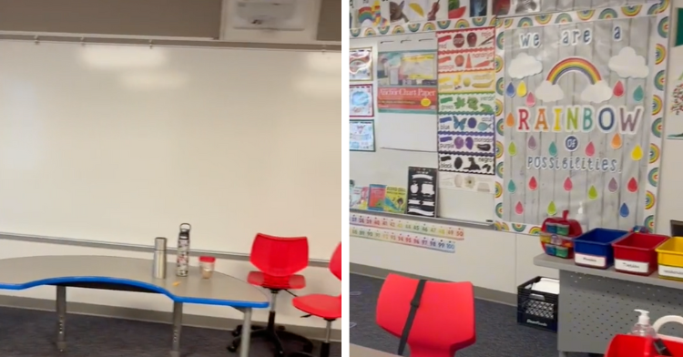 a two-photo collage that shows the before and after a teacher received donations to decorate her kindergarten classroom.