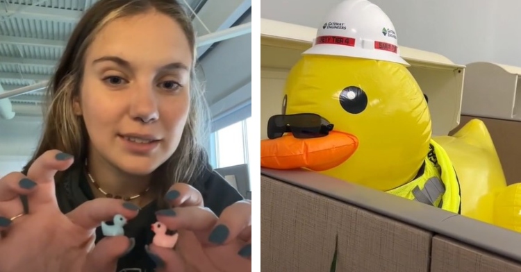 A two-photo collage. The first is a closeup of Alana holding up two super tiny ducks, one in each hand, up to the camera. The ducks are so small she's holding them with two fingers each, and they're about the size of her finger tips. One is light blue and the other is a light pink/red. The second is a closeup of a 4-foot inflatable duck wearing a hat and sunglasses.