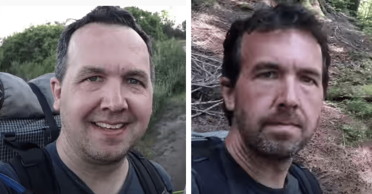 a two-photo collage. on the left there is a picture of andy davidhazy at the beginning of the hike. on the right there is a picture of david near the end of his hike.