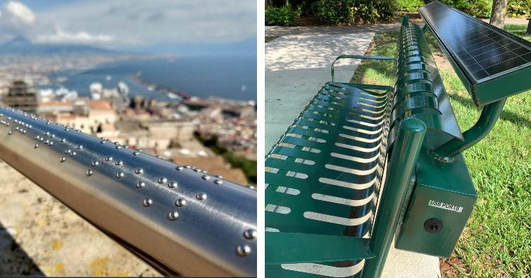 Braille railing and solar powered bench