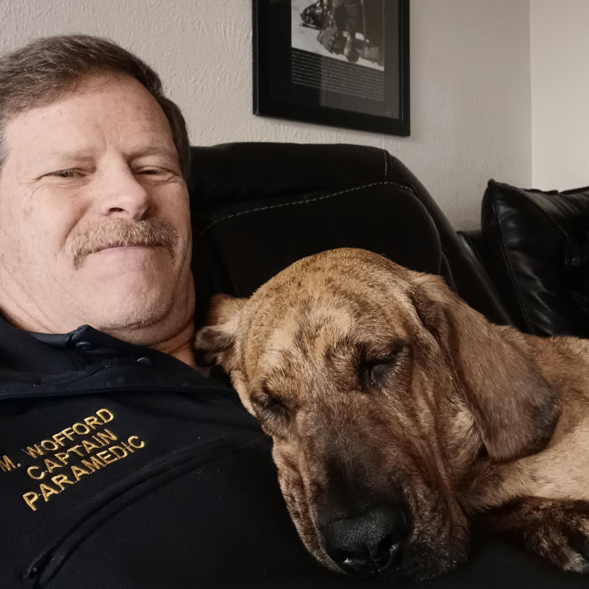 Clementine the fire dog sleeping with firefighter.