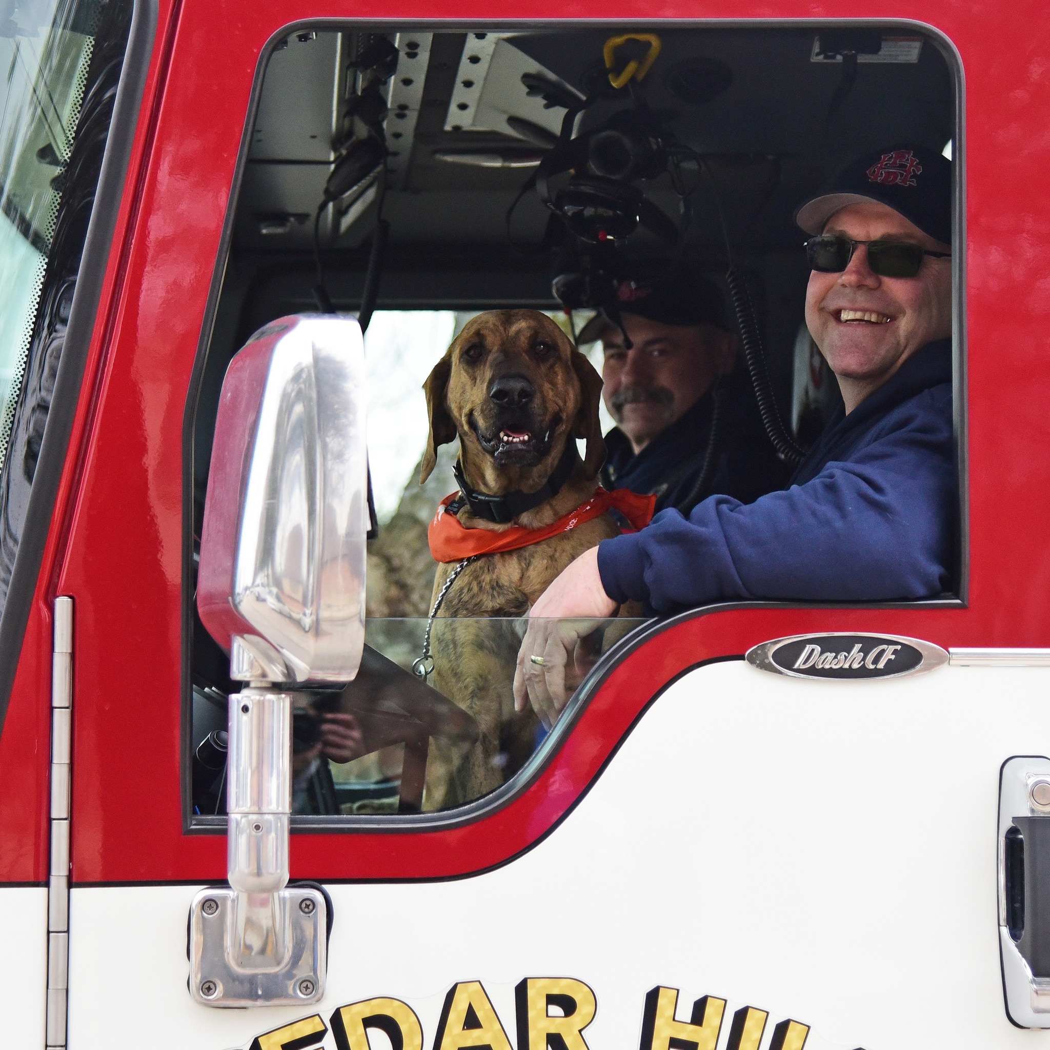 Clementine riding in fire truck with her firefighters