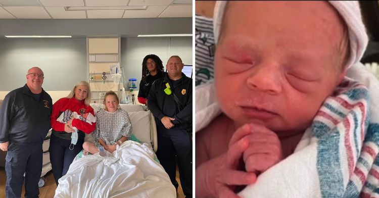 a two-photo collage. on the left there is a picture of first responders, alyson, and her baby in a hospital room after giving birth. on the right there is a picture of the newborn baby.