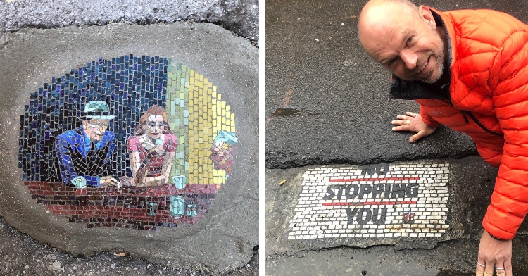 Jim Bachor poses with pothole art of Nighthawks