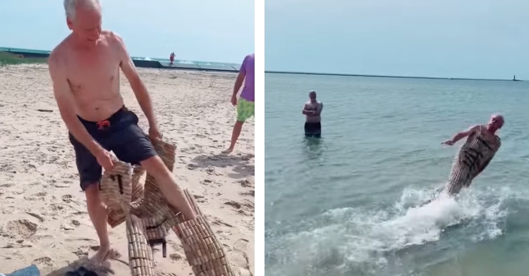 Kerry Haulotte launches his cork suit in Lake Michigan