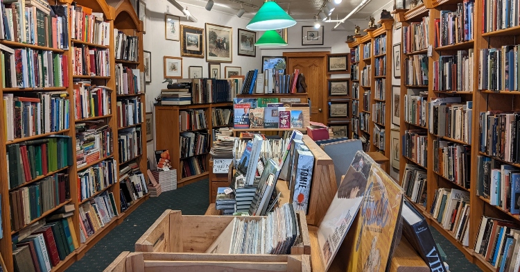 The racks inside Lyrical Ballad Bookstore in Saratoga Springs, New York