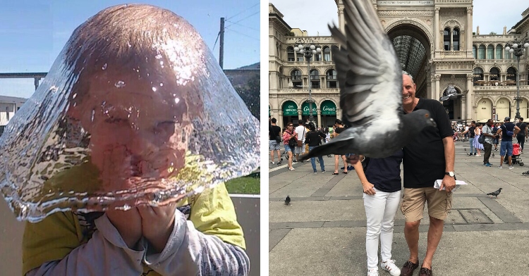 child with water falling over entire head like a hat, couple posing with pigeon flying in front of their faces