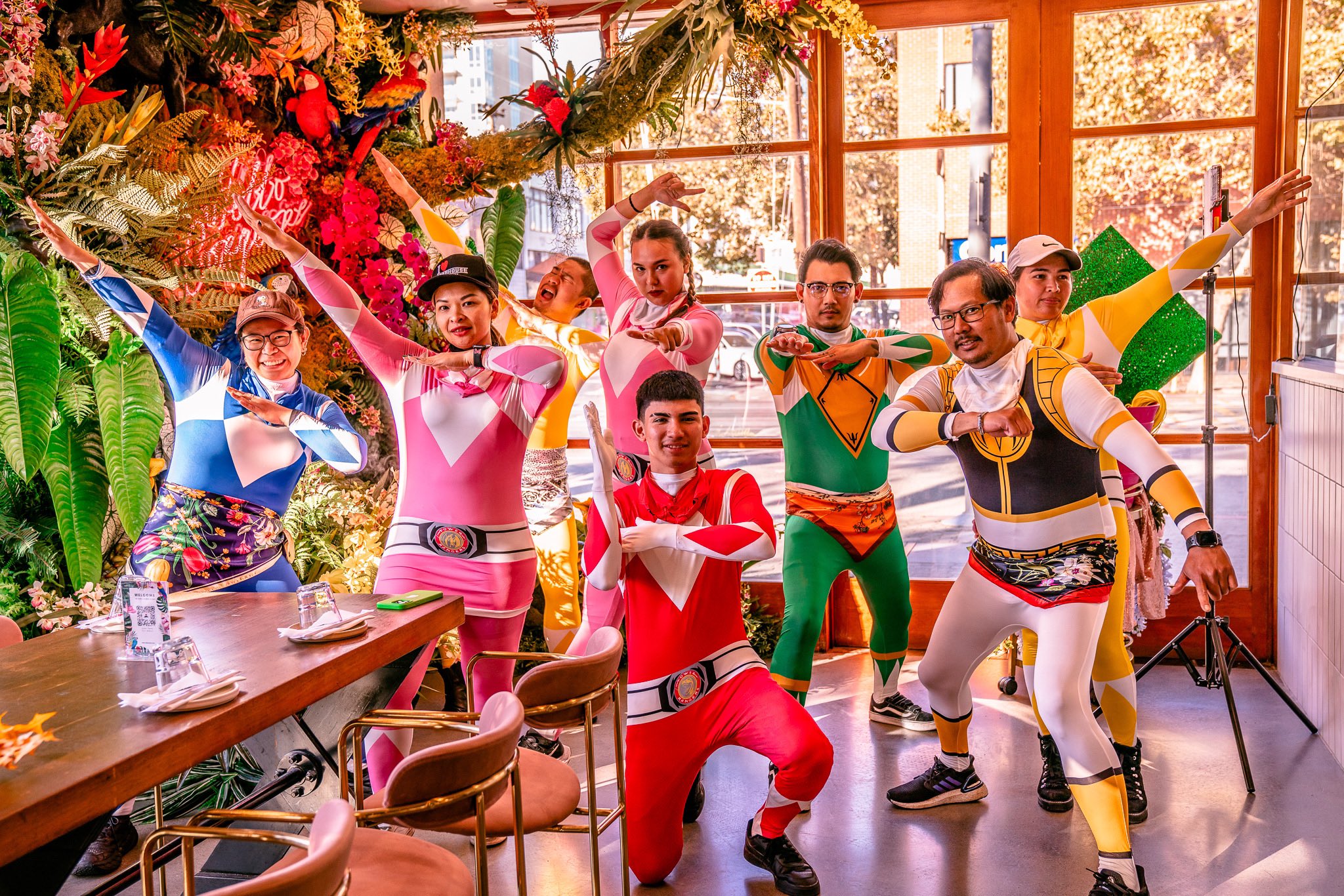 Noka Ramen restaurant staff dressed in Power Rangers costumes.