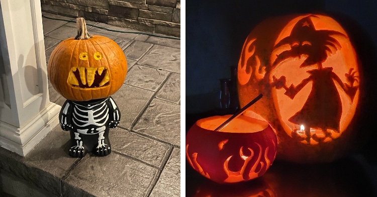 Two pumpkins carved with witch and skeleton designs