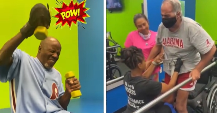 two disabled men work out with help at the Split Second Fitness Center in New Orleans