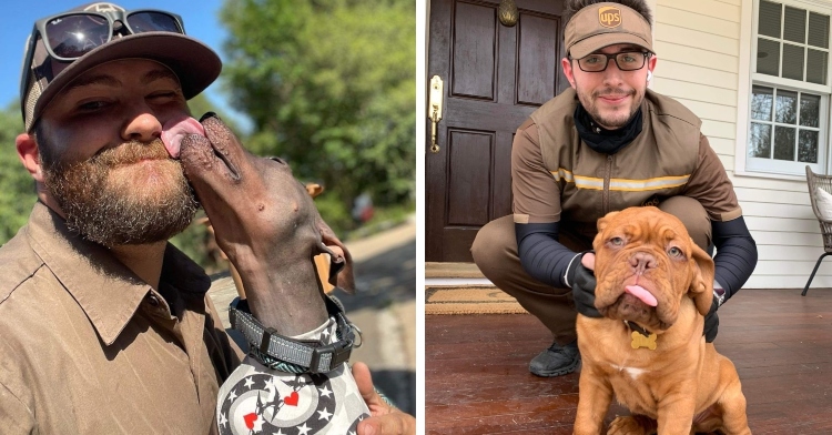 UPS drivers holding cute dogs