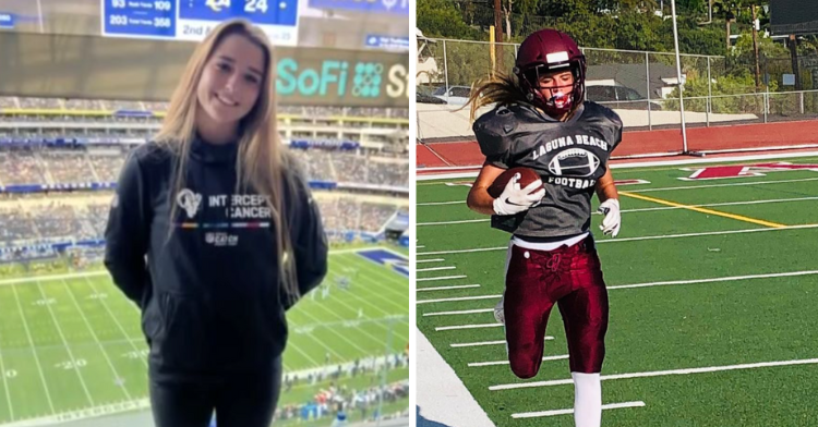 a two-photo collage. bella rasumussen smiling at the rams' game in the left picture. on the right, there is a picture of bella running during a football game.