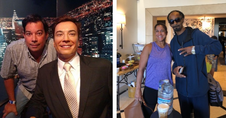 A two-photo collage. The first is of a Jimmy Fallon look-alike standing near wax figure of Jimmy Fallon. The second is of a woman posing with a man who resembles rapper Snoop Dogg.
