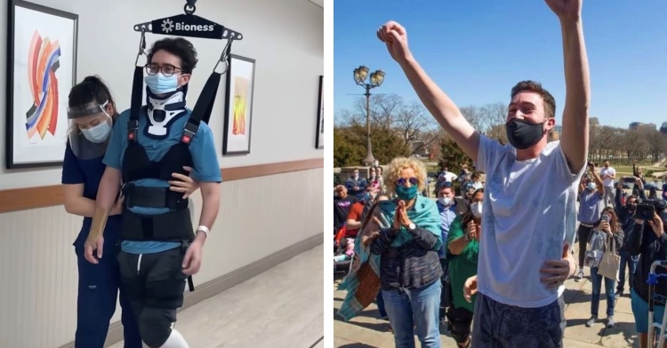 A two-photo collage. The first is of Chase being assisted in therapy harness at the hospital. The second is of Chase standing with both hands raised in celebration after reaching the top of the "Rocky" stairs.