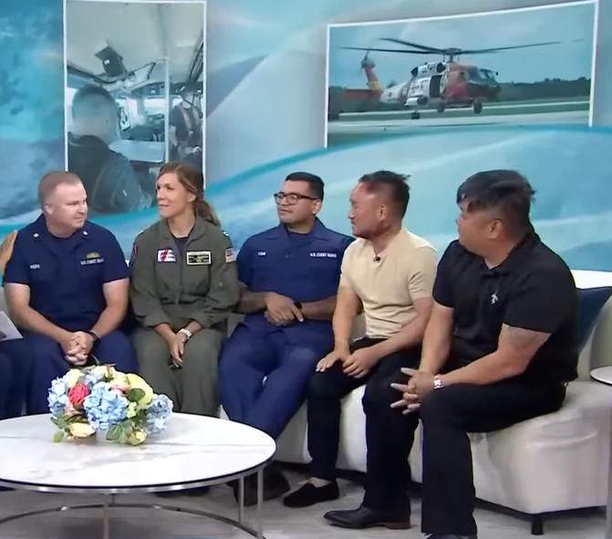 Lt. Cmdr. Kevin Keefe, Lt. Katy Caraway, and Coast Guard Seaman Andrew reunite on the Today Show with fishermen Phong Le and Luan Nguyen,