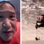 a two-photo collage. on the left there is a close up of one of the fishermen wearing a life vest in the middle of the ocean. on the right there is a picture of a coast guard helicopter rescuing the fishermen.
