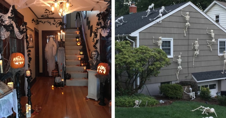 inside hallway and outside house decorated for Halloween