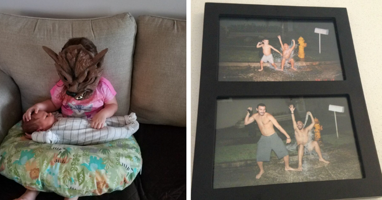 a two-photo collage. on the left there is a picture of a girl holding her baby brother wearing a mask. on the right there is a picture of recreated childhood photo of 2 boys playing in fire hydrant water.