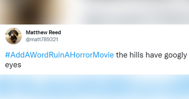 Tweet from user @matt789321 says: #AddAWordRuinAHorrorMovie the hills have googly eyes