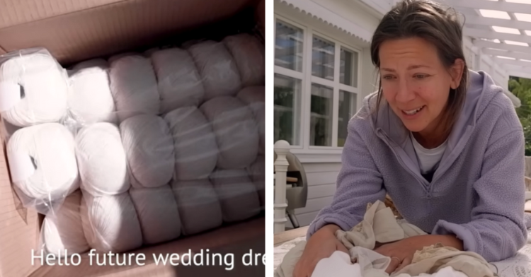 a two-photo collage. on the left there is silk yarn in a box. on the right there is a picture of kika making wedding dress