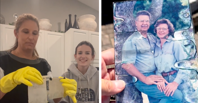 a two-photo collage. on the left there is a picture of photographer krista wearing gloves while restoring damage pictures. on the right there is a picture of a damage photo that she will help restore.