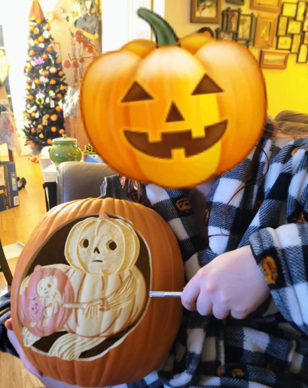 Man carving pumpkin of man carving pumpkin, repeated.