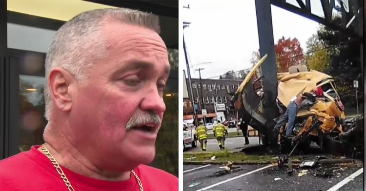 a two-photo collage. on the left there is a picture of Kenny Ferree wearing a red shirt. on the right there is a screenshot of the bus wreck.
