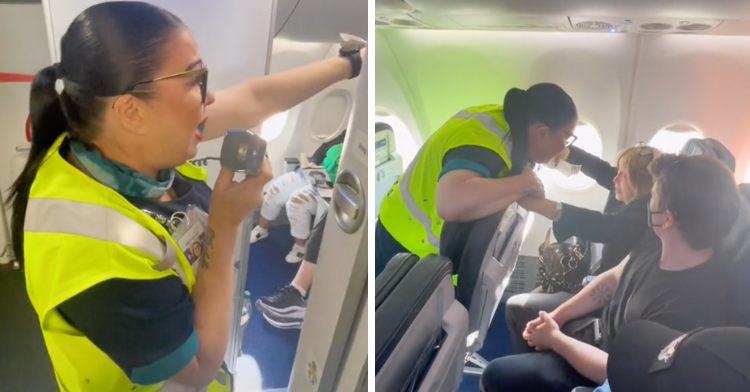 a two-photo collage. laura addressing the people on board the aircraft. on the right there is a picture of laura hugging ms. o'connell.