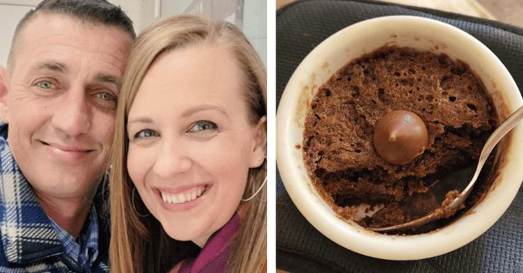 a two-photo collage. on the left there is a picture of megan and her husband. on the right there is a picture of a brownie with a hershey's kiss on top.