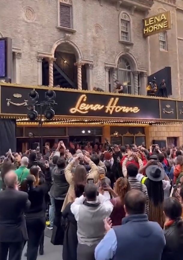 A crowd standing outside of the Lena Horne Theatre as the new name is revealed. 