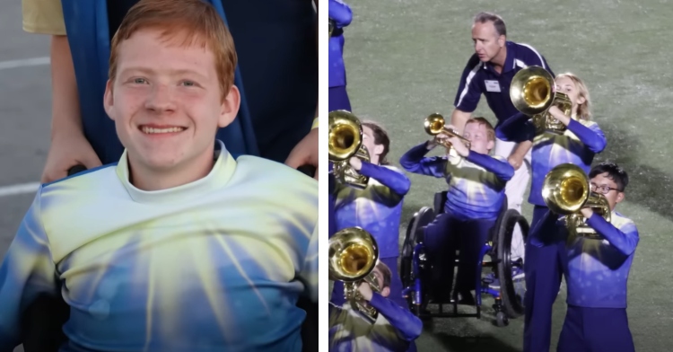 Adam Mewhorter helps Casey Hubbard perform in marching band