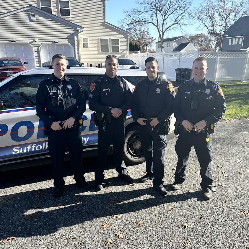 Officers Conor Diemer, Jadin Rodriguez, Zachary Vormittag, and Jon-Erik Negron of the Suffolk County PD.