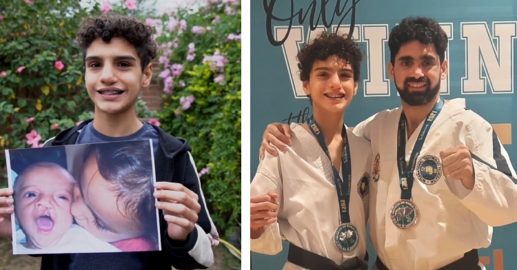 Nazareno holds up his baby picture before cleft repair and poses with sensei at World Cups